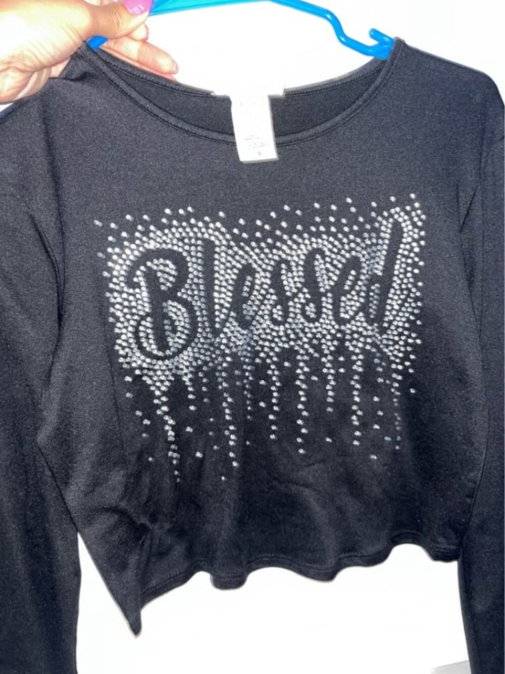 Rhinestone "Blessed" Graphic Tee, Cotton Long Sleeve Shirt (Size Small) NEW